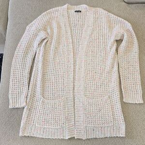Express Factory Cream Pale Pink Colorful Speckles Open Waffle Cardigan - Medium